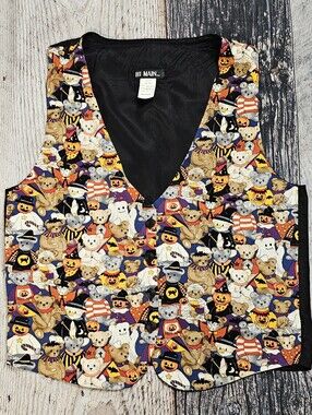 111 Main Halloween Teddy Bear Vest Vintage Lightweight Black Women's Size Medium